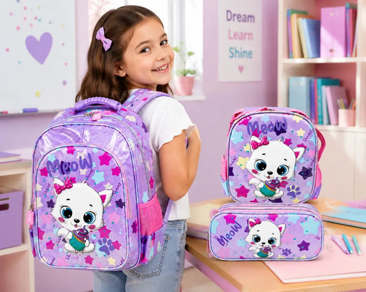 Set Tres Piezas Lluvia Gatita Meow Lila Rosa Con Luz Led