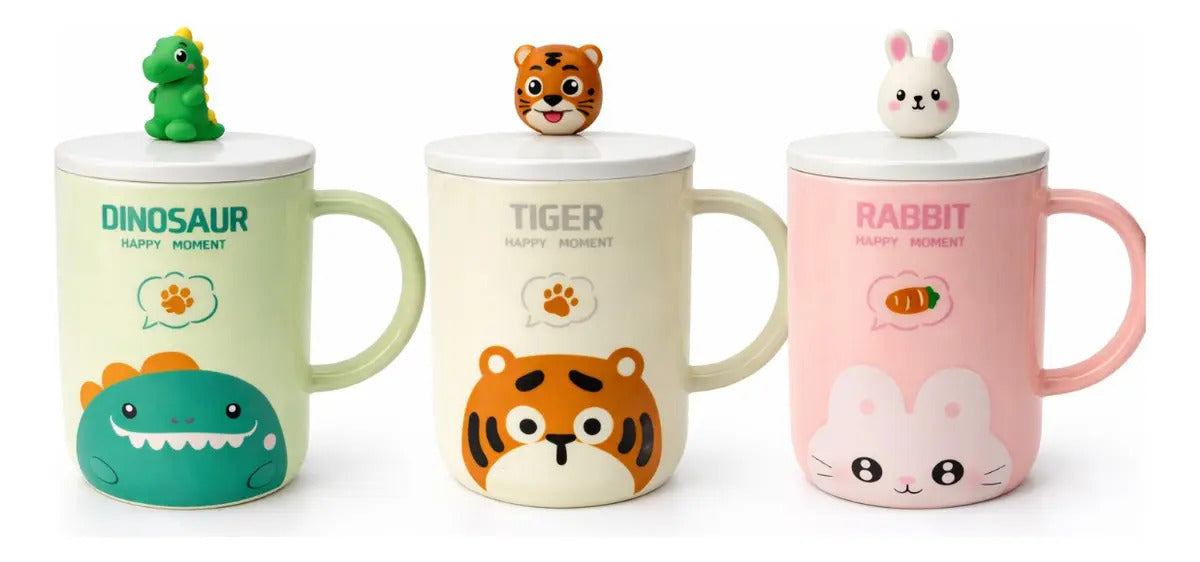Taza Con Tapa Decorativa De Animales 380ml Marca Lluvia