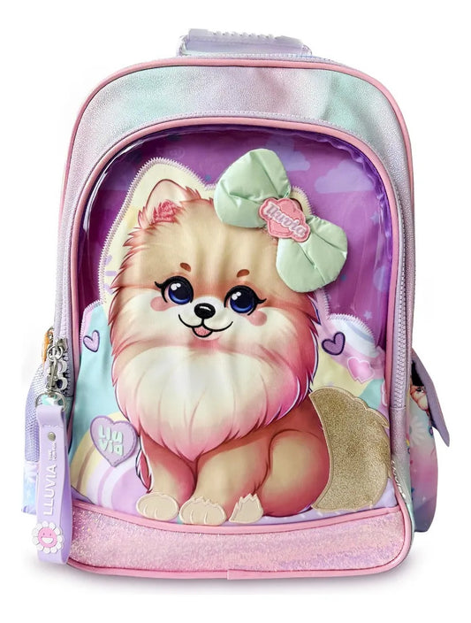 Mochila Escolar Lluvia Rosa Tornasol Perrita Pomerania