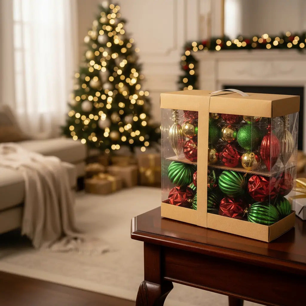 Caja De 74 Esferas Navideñas Lluvia  Rojo, Verde Y Dorado
