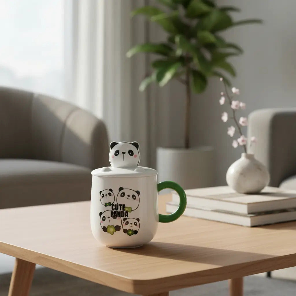 Taza Panda Kawaii Con Tapa Y Agitador Metálico 380ml