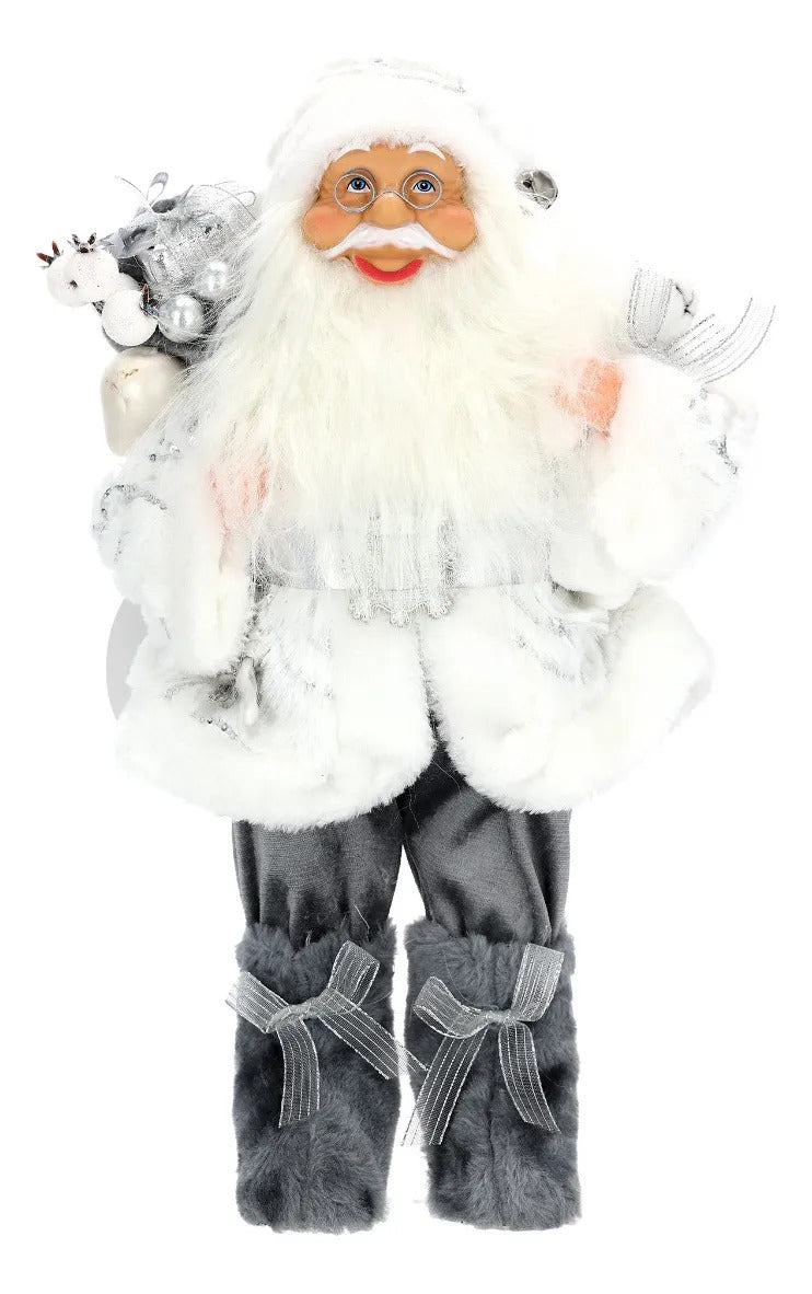 Santa Navideño Blanco con Botas y Moños Plateados 42 cm