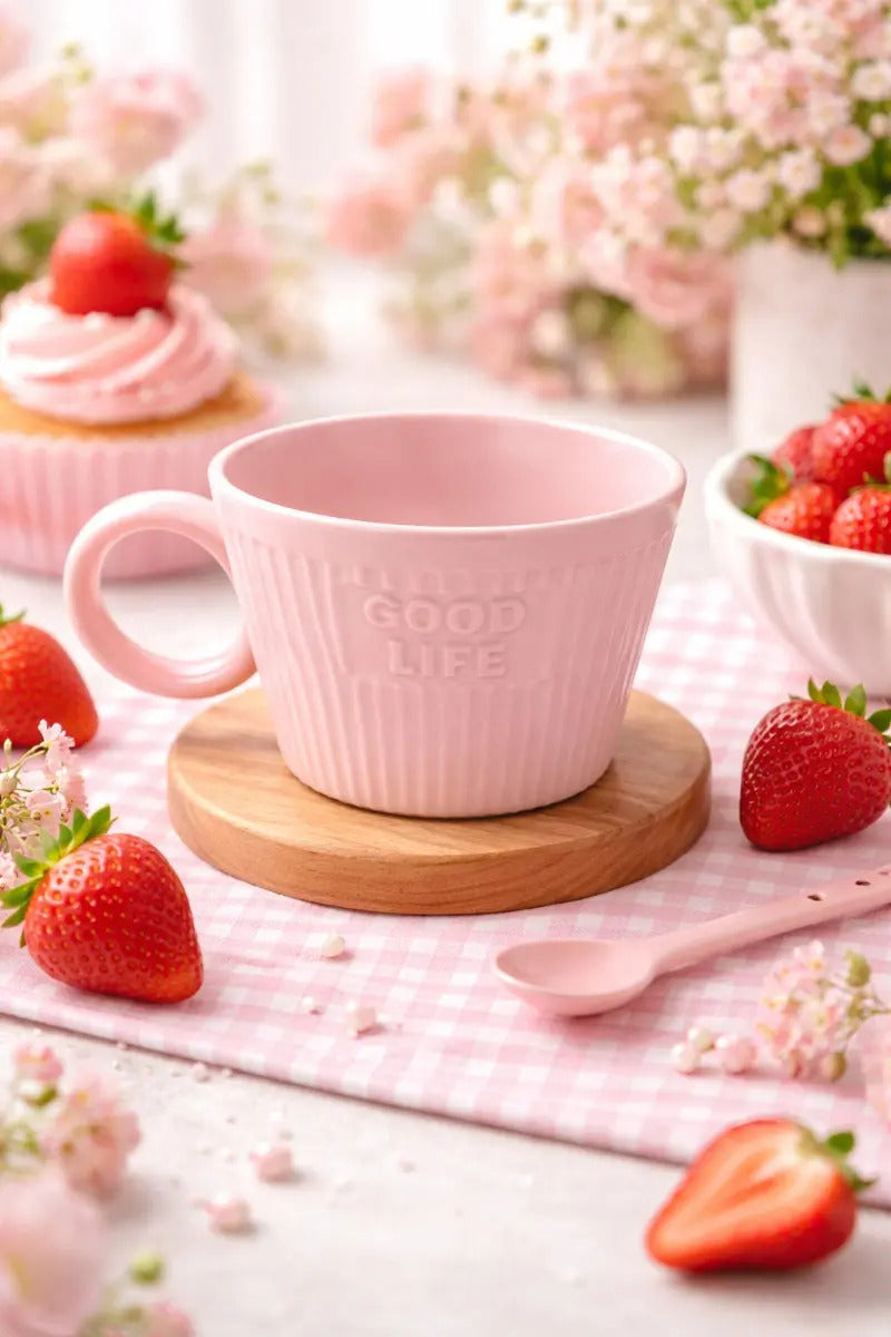 Taza Good Time En Tonos Pastel Rosa Menta Y Crema 350 Ml