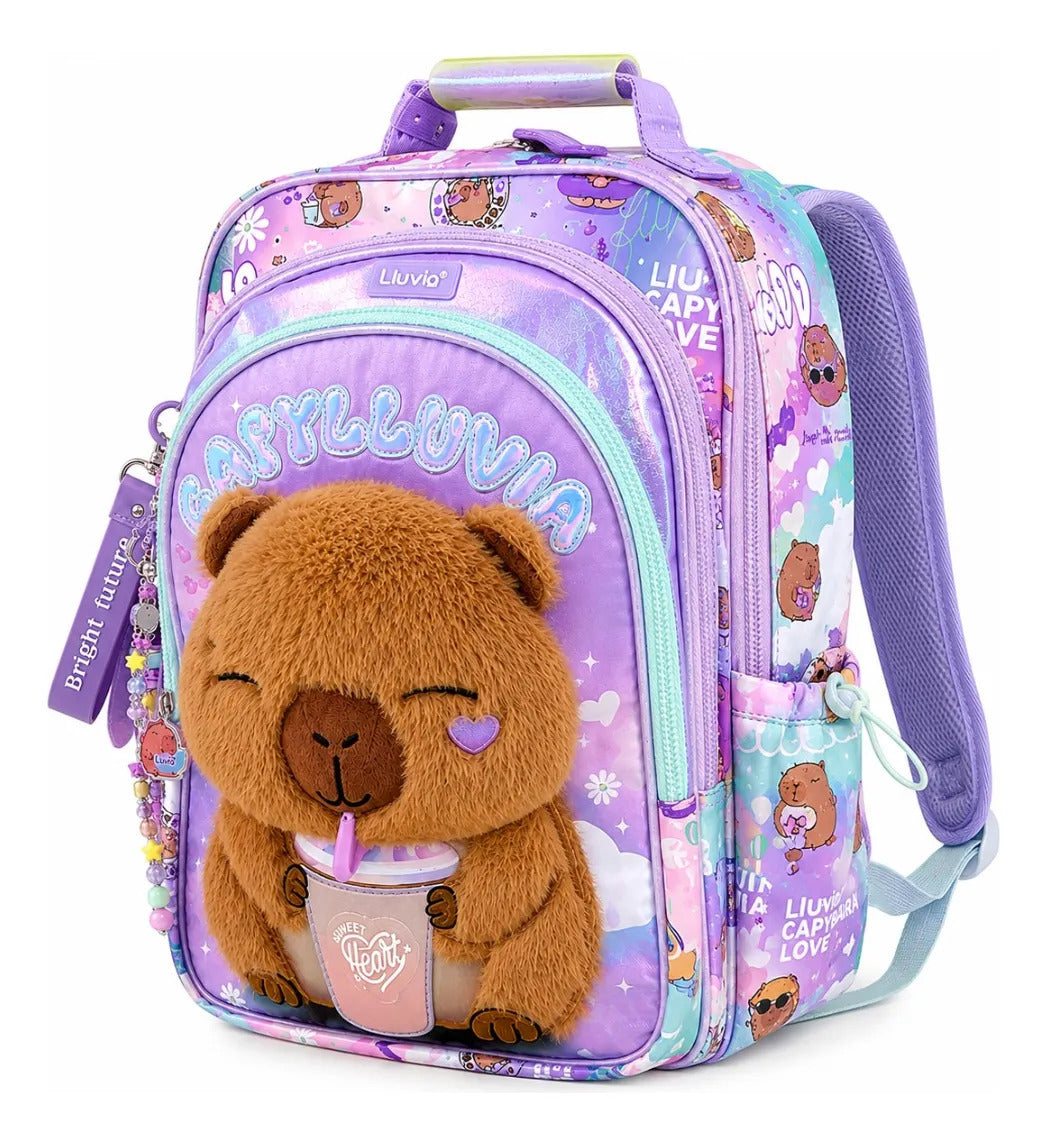 Mochila Escolar Lluvia Capibara Lila Con Bolsillos Laterales