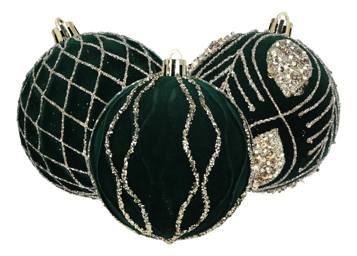 Esferas lluvia Verde Con Glitter Champagne y Figuras Navidad