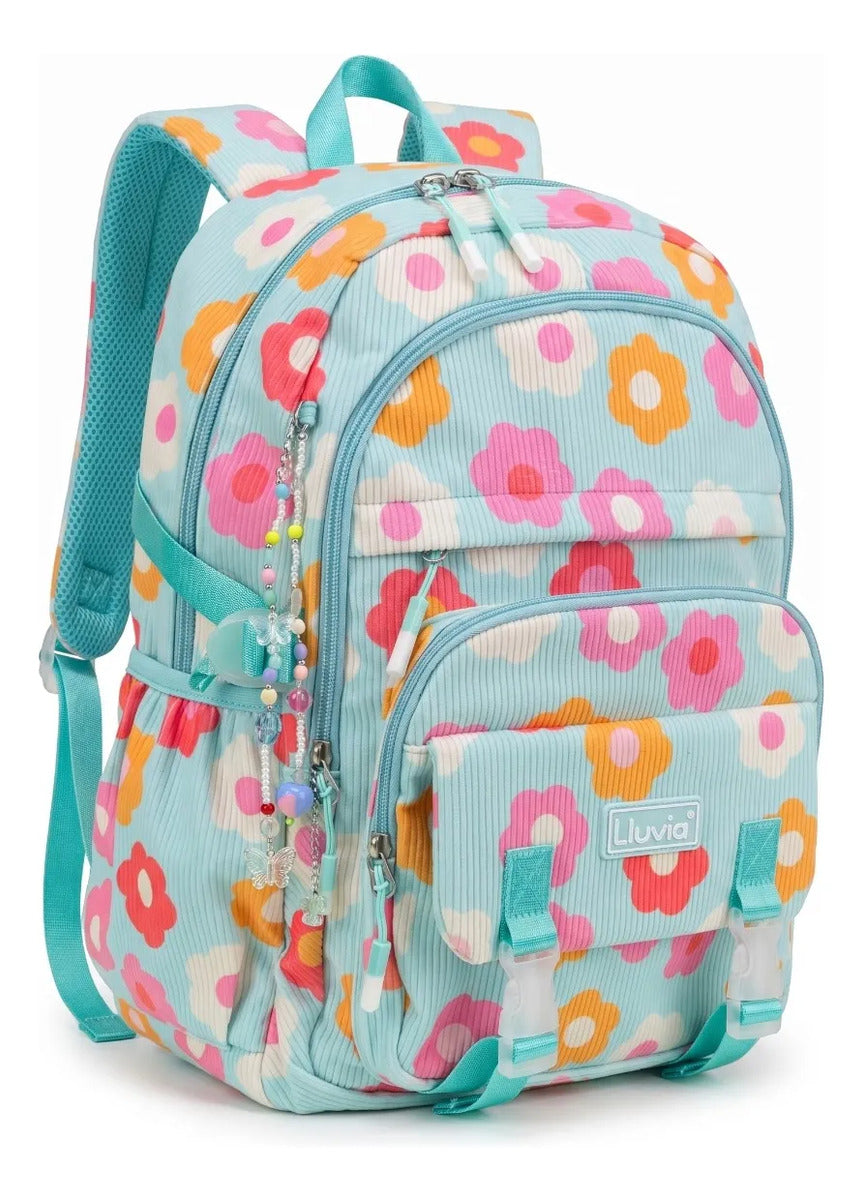 Mochila Juvenil Lluvia Floral Azul Con Compartimento Laptop