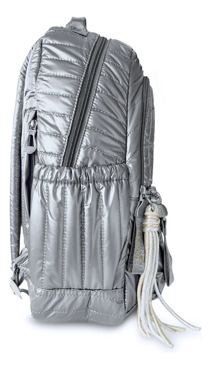 Mochila Juvenil Lluvia Gris Cromado Diseño Metálico