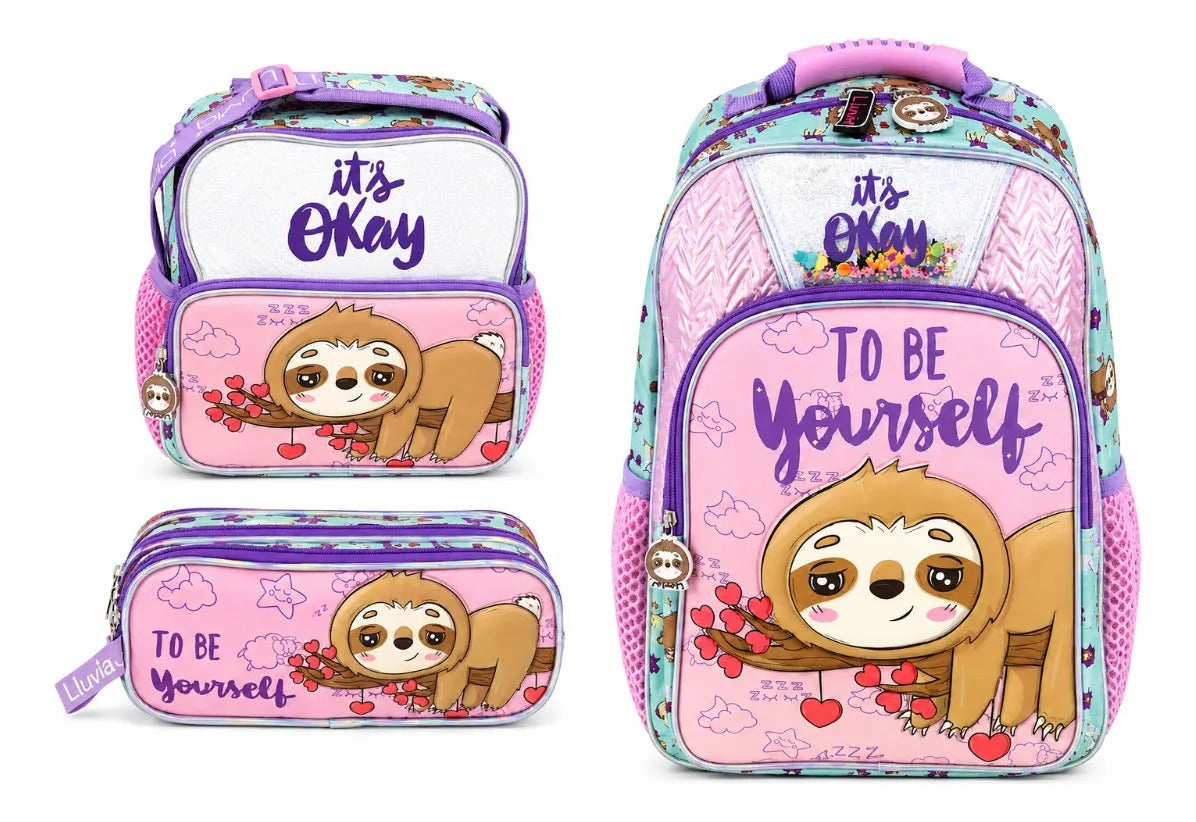 Set Tres Piezas Lluvia Perezoso Rosa Luz Led Mochila Escolar