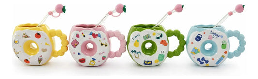 Taza Kawaii Tipo Dona Colores Pastel Con Popote 400 Ml