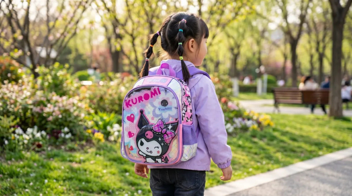 Mochila Escolar Kuromi Ruz Negra Rosa Con Bolsas Laterales