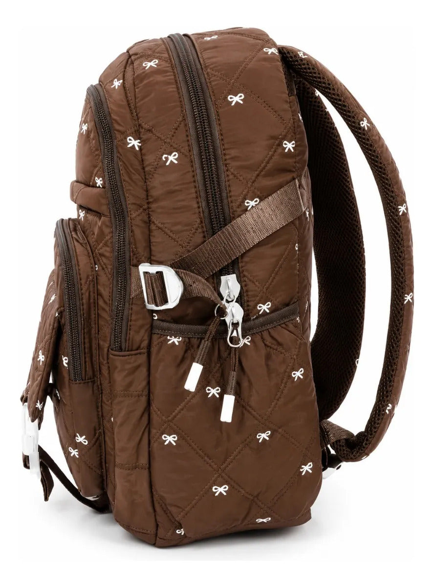 Mochila Escolar Lluvia Café Chocolate Con Moños Puff