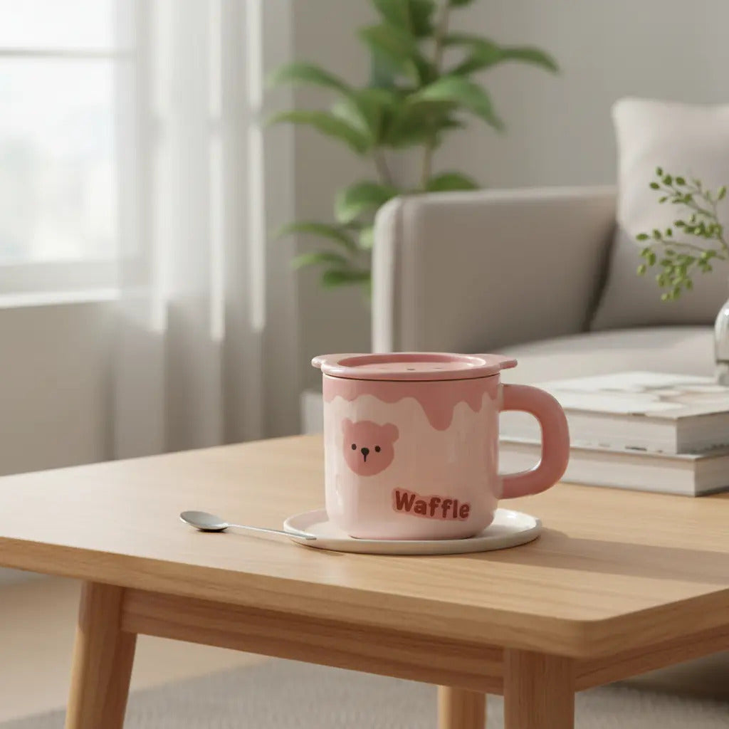 Taza Waffle De Oso Con Tapa Y Cuchara 500 Ml