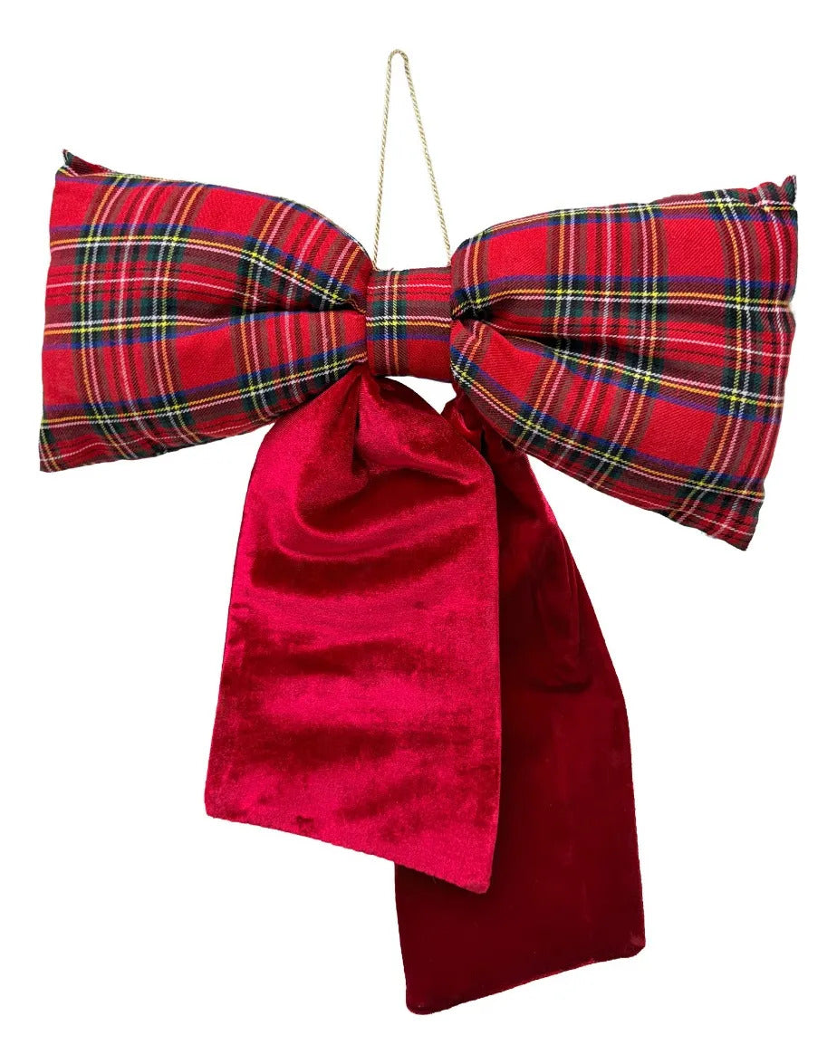 Moño Navideño Lluvia Aterciopelado Rojo Diseño Escocés 45 Cm