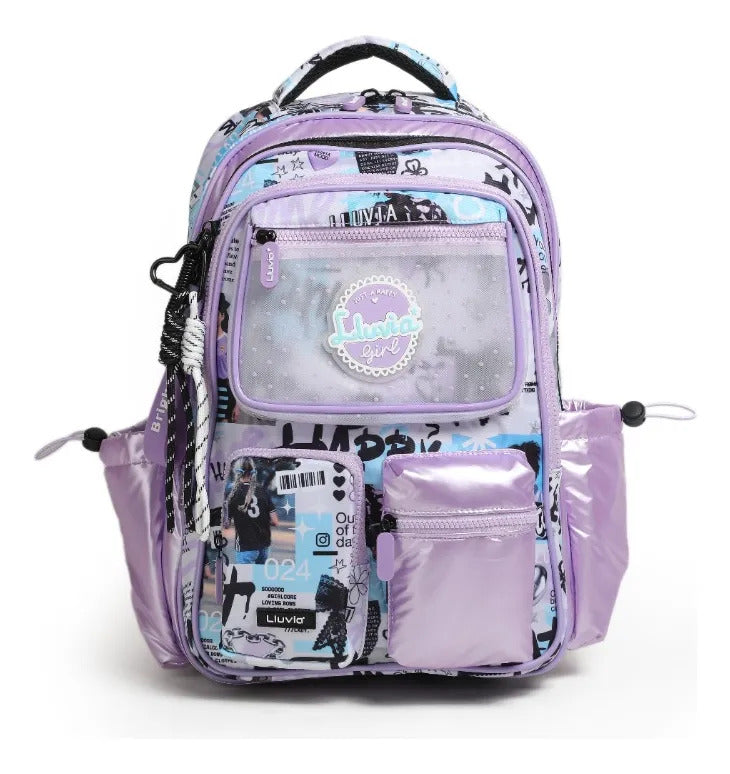 Mochila Escolar Juvenil Lila Lluvia Estilo Kawaii Collage