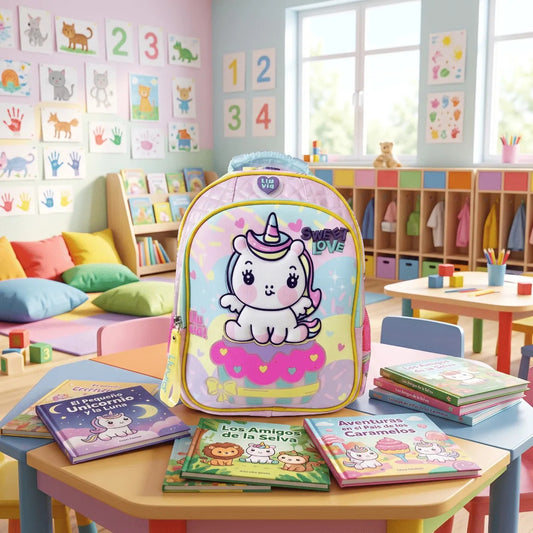 Mochila Kinder Lluvia Rosa Unicornio con Luz Diseño Pastelito