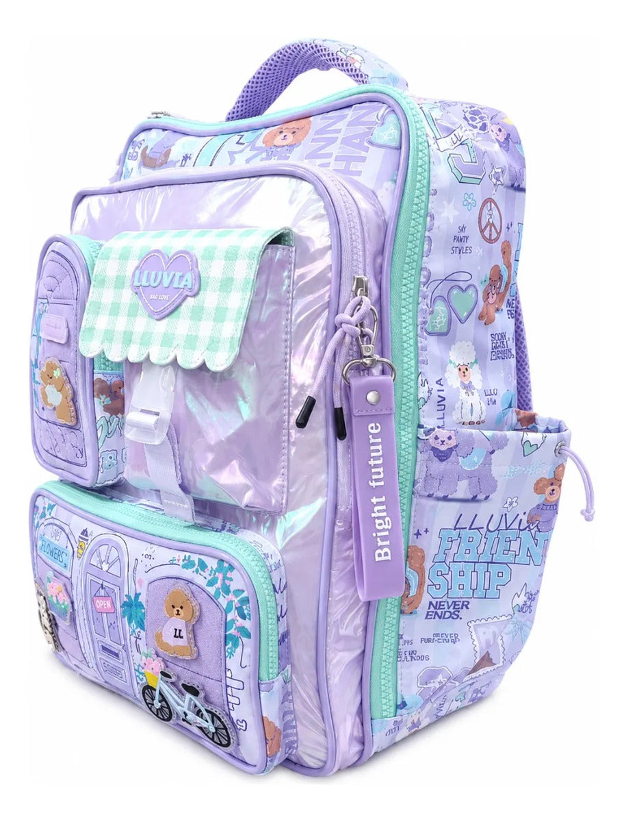 Mochila Lluvia Lila Con Velcro Y Personajes Desmontables