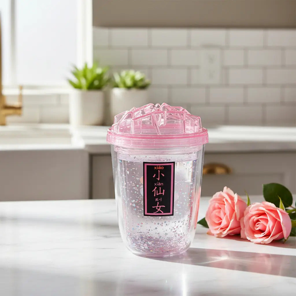 Vaso 450 Ml Con Glitter Suelto Tapa Hielo Diseño Creativo