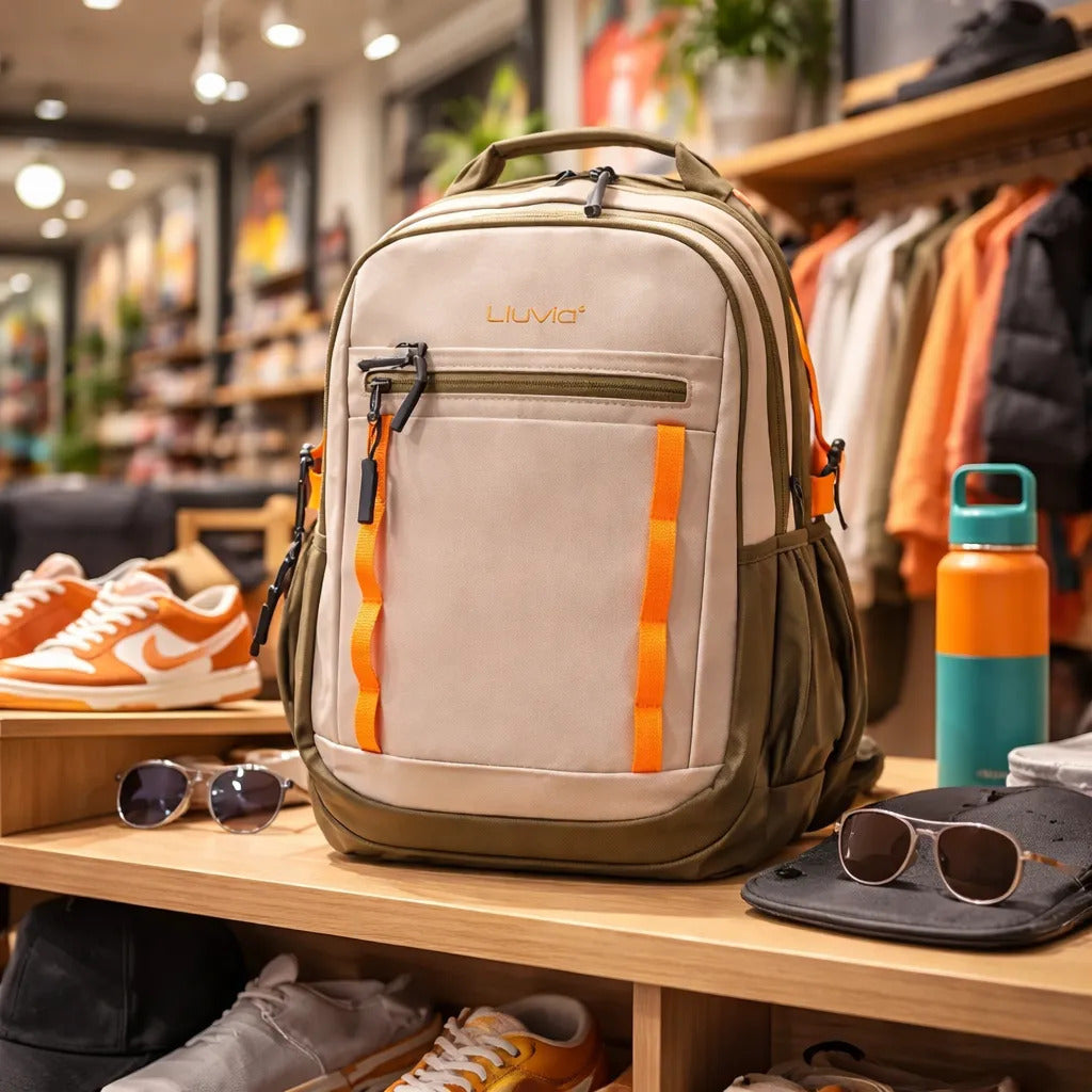 Mochila Escolar Lluvia Beige Verde Olivo Y Naranja Neón