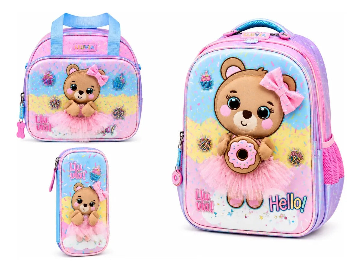 Set Mochila Primaria Lluvia Osita Pastel Tres Piezas