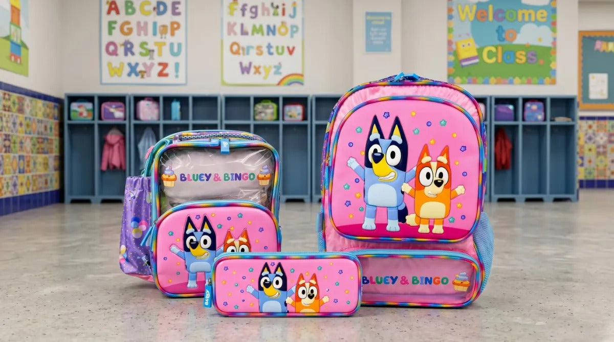 Set Mochila Primaria Bluey & Bingo Rosa Tornasol Tres Piezas