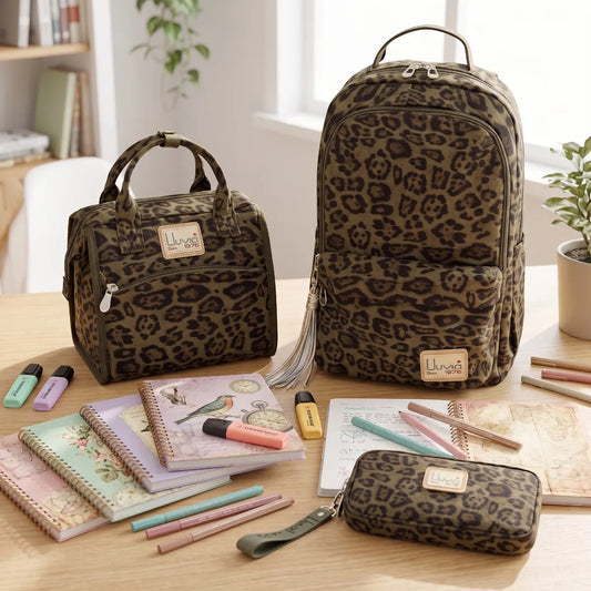 Set Escolar Lluvia Verde Olivo 3 Pzas Leopardo
