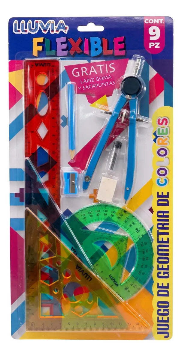 Juego De Geometría Lluvia 9 Piezas Flexible Y Accesorios