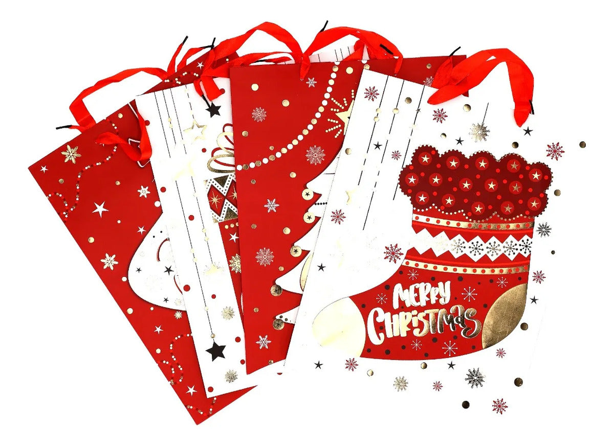 Bolsas de Regalo Navideñas Lluvia Rojas Toques Oro 12 Pzas