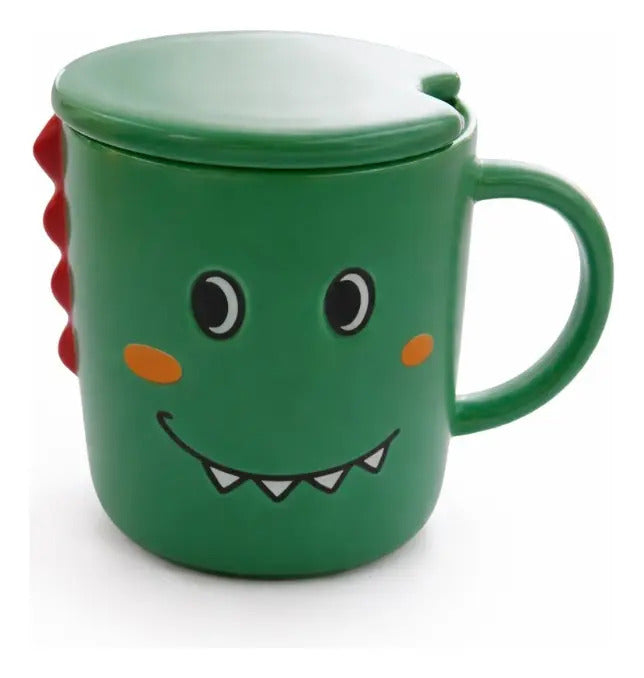 Taza Kawaii Dinosaurio Colores Rosa Verde Y Amarillo 350 Ml