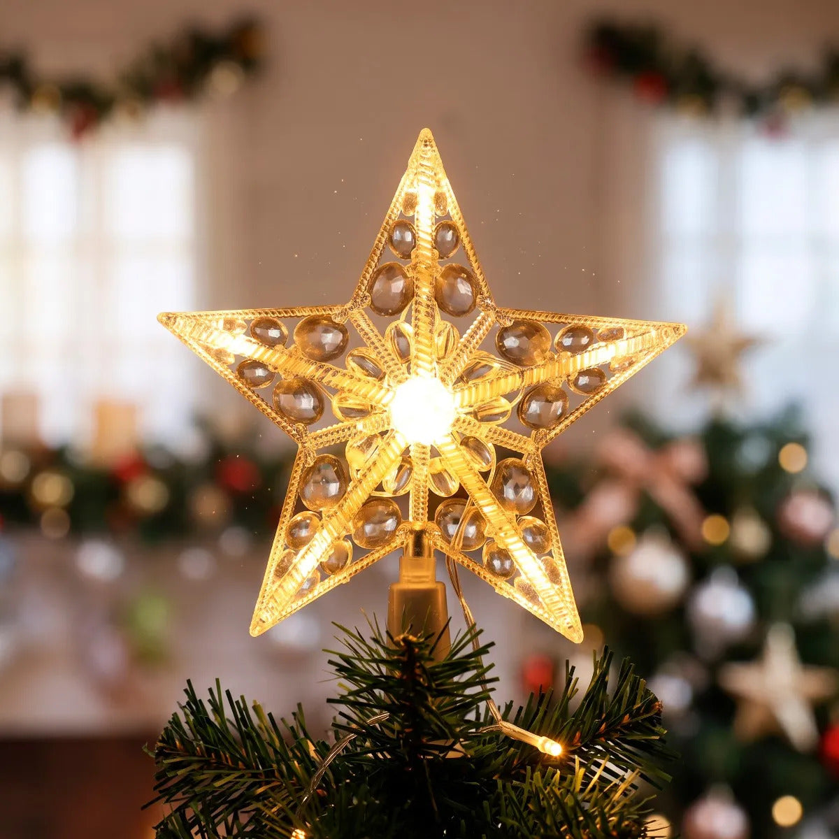 Estrella JL Con Piedras Brillantes Luz Mágica Cálida 15 Cm