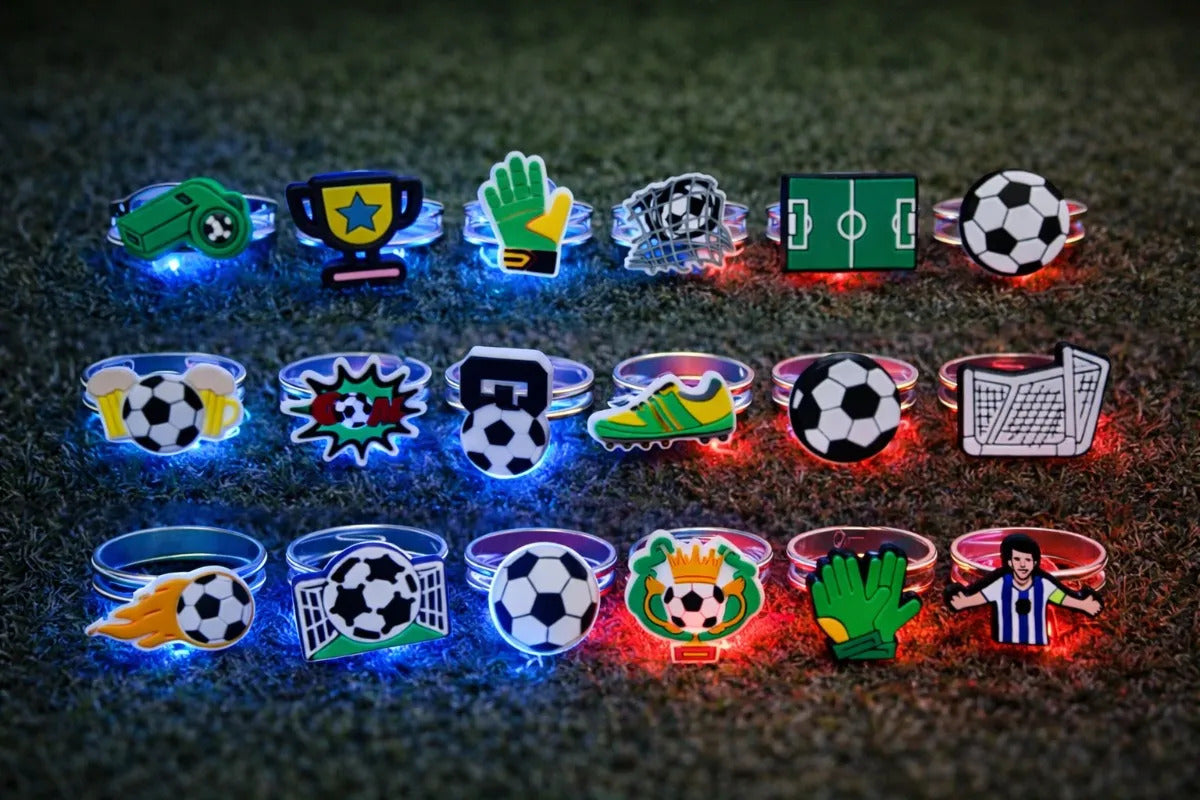 Set Anillos Fútbol 24 Piezas Lluvia Con Luz Led Rojo Y Azul