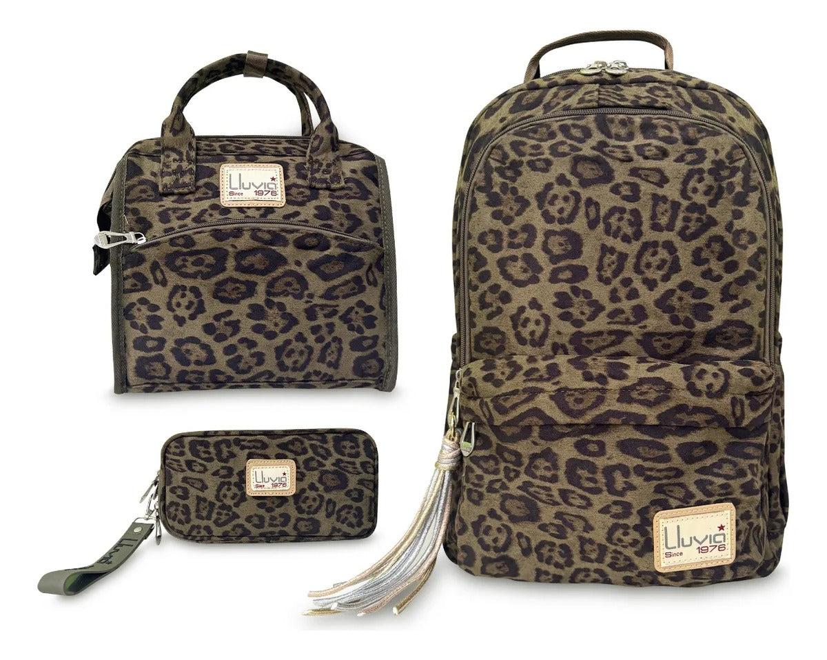 Set Escolar Lluvia Verde Olivo 3 Pzas Leopardo