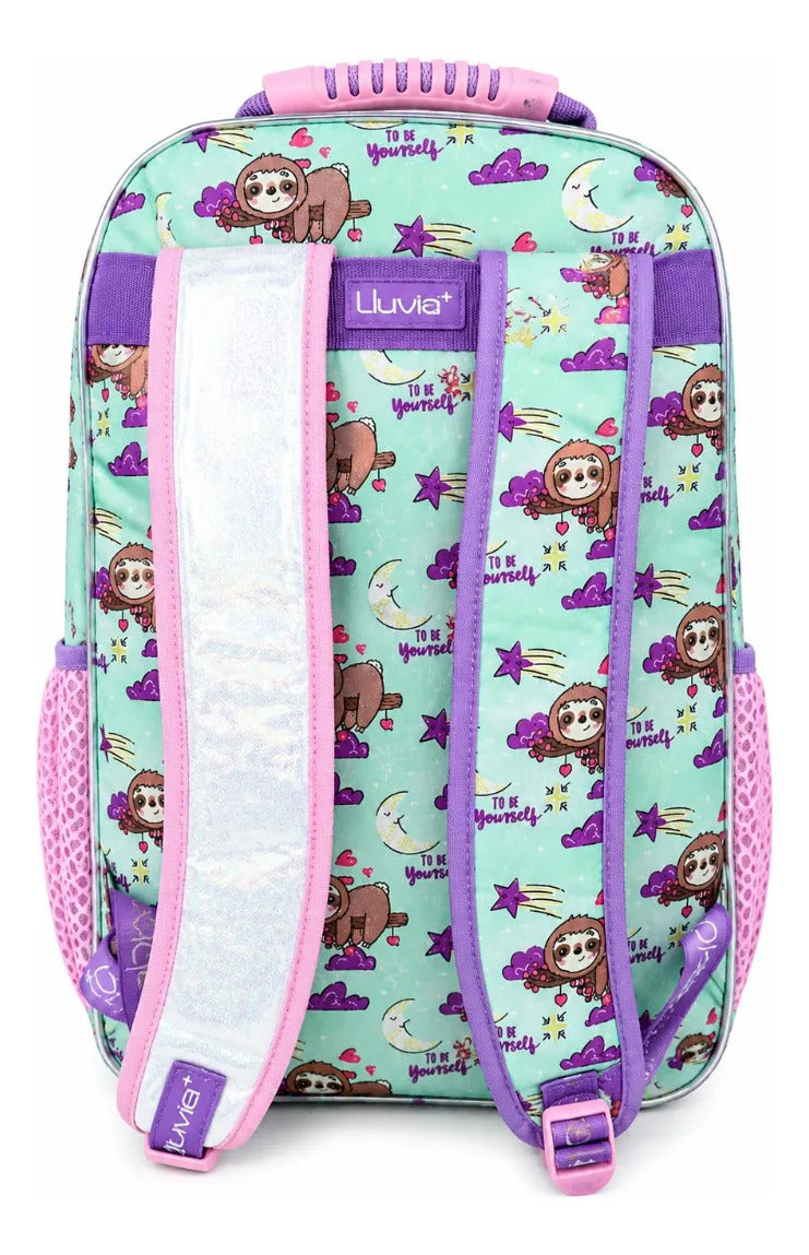 Set Tres Piezas Lluvia Perezoso Rosa Luz Led Mochila Escolar