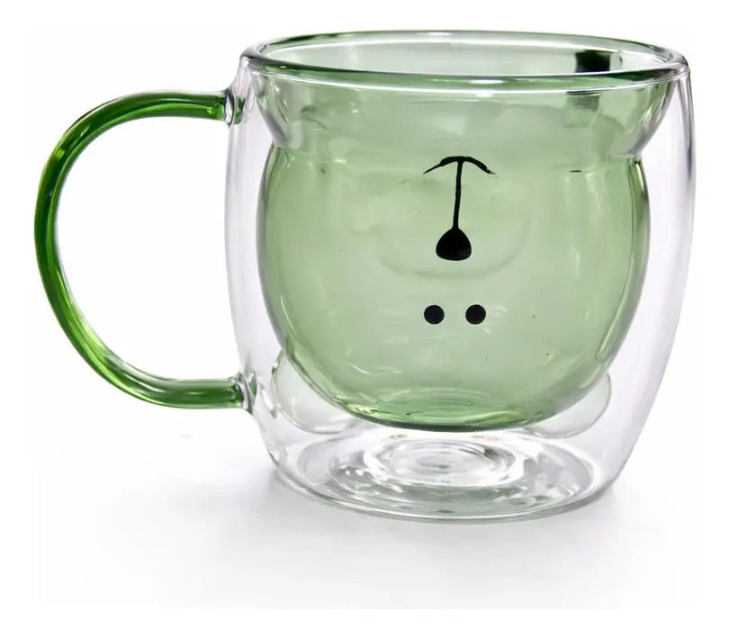Taza De Vidrio Con Diseño De Osito Verde Doble Pared 280 Ml