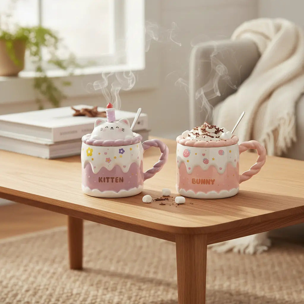 Taza Kitten Y Bunny De Cerámica Con Tapa Y Aguitador 400 Ml