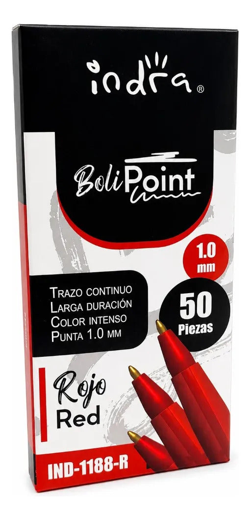 Plumas Indra Escolar Tinta Roja Punto Medio 1.0 Mm 50 Piezas