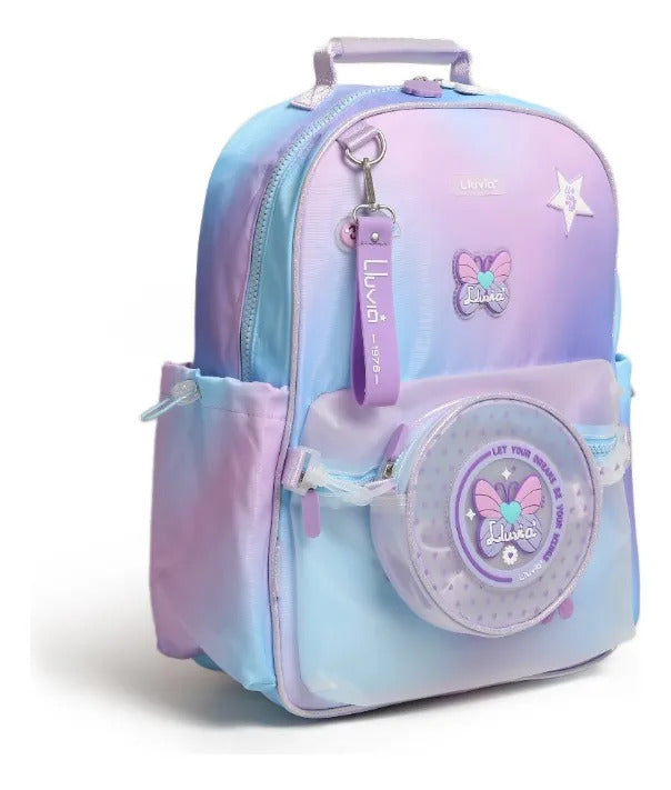 Mochila Juvenil Lluvia Lila Difuminado Con Bolsita Incluida