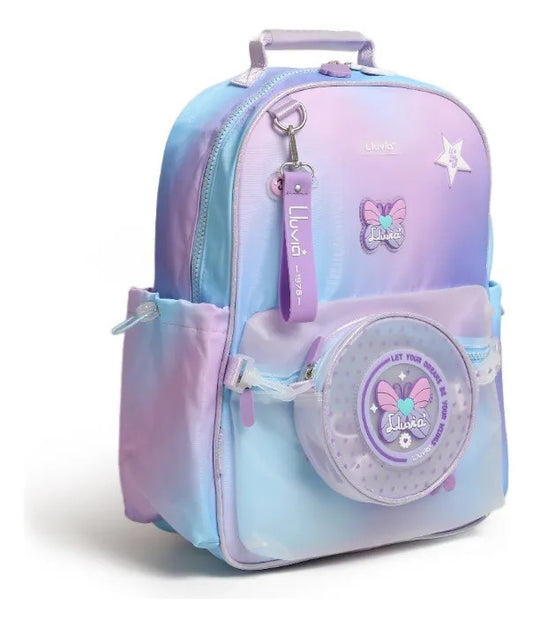 Mochila Juvenil Lluvia Lila Difuminado Con Bolsita Incluida