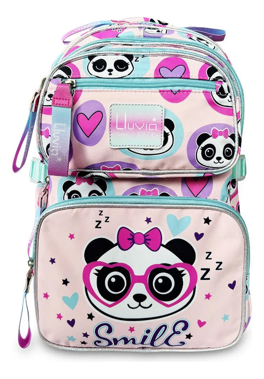 Mochila Escolar Juvenil Lluvia Negro Panda con Lentes Corazón
