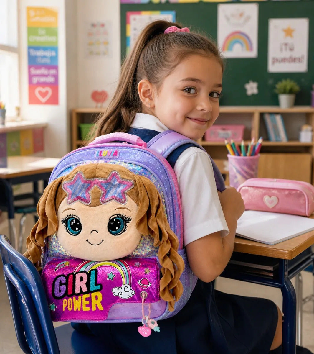 Mochila Lluvia Girl Power Con Muñeca Y Lentejuela Reversible