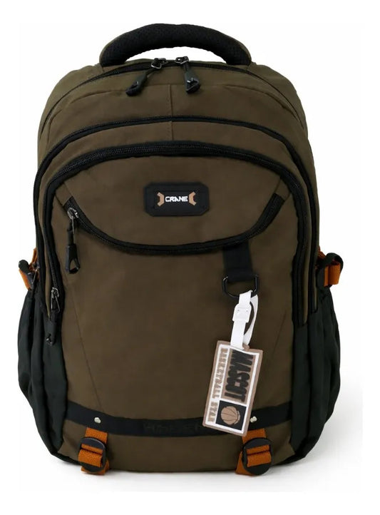 Mochila Juevenil Lluvia Verde Olivo Moderna Con Detalles Naranja