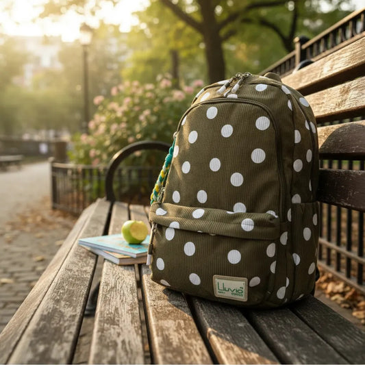 Mochila Juvenil Verde Lluvia Con Puntos Blancos Y Llavero Tejido