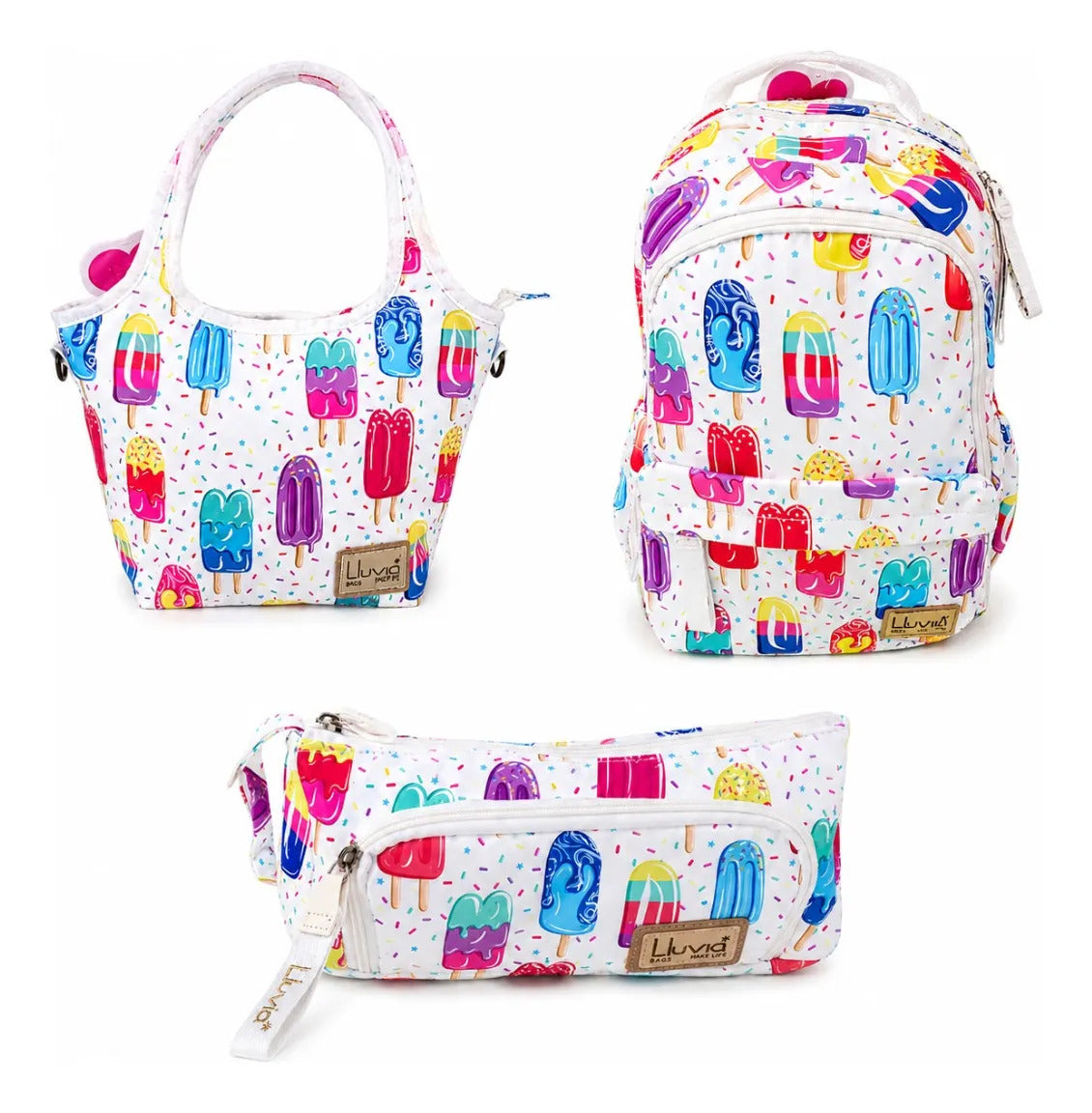 Set Tres Piezas Lluvia Mochila Lonchera Paletas De Colores