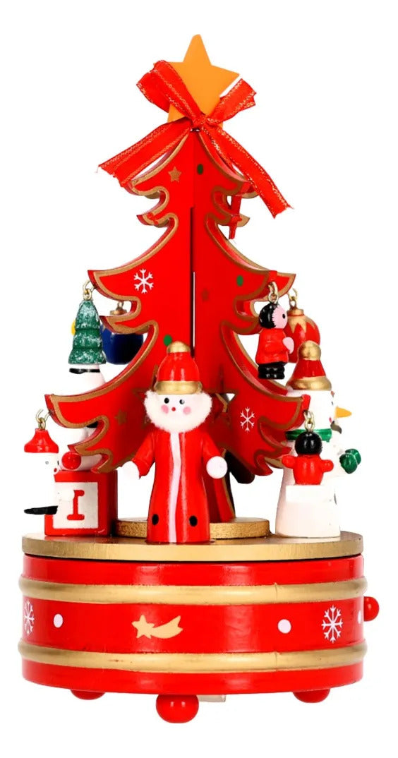 Carrusel Navideño Musical De Madera Rojo Con Árbol 22 cm
