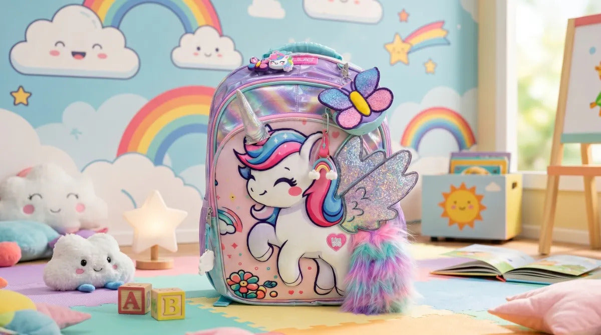 Mochila Escolar Unicornio Lluvia Tornasol Mariposa Monedero