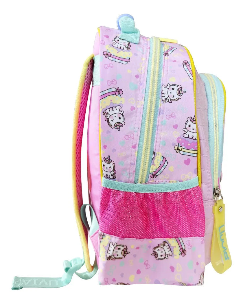 Mochila Kinder Lluvia Rosa Unicornio con Luz Diseño Pastelito