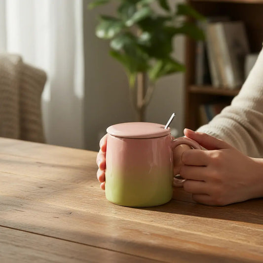 Taza Tornasol De Cerámica Con Tapa Y Cuchara Metalica 380 Ml