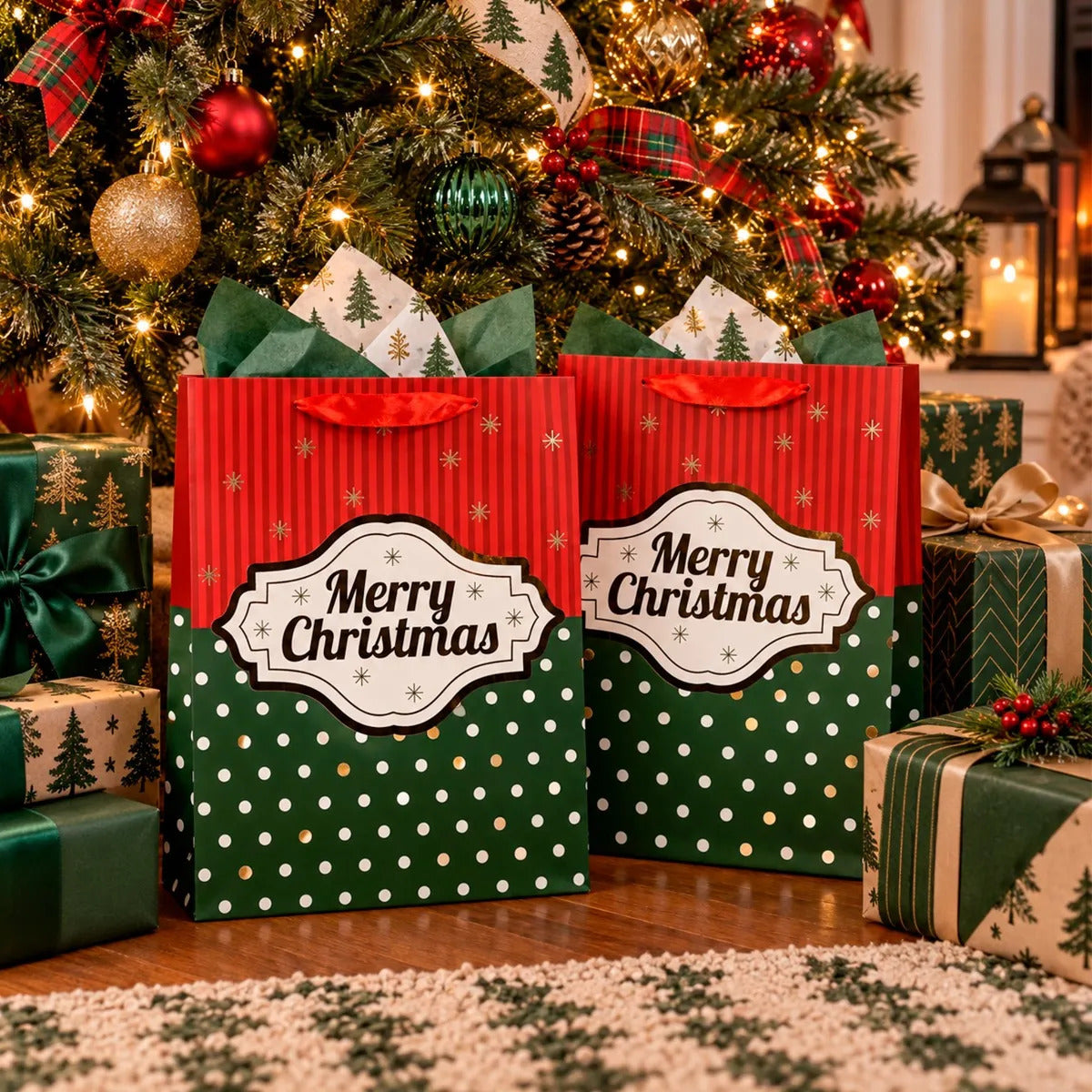 Bolsas de Regalo Navideñas Lluvia 4 Diseños 12 Pzas 40cm