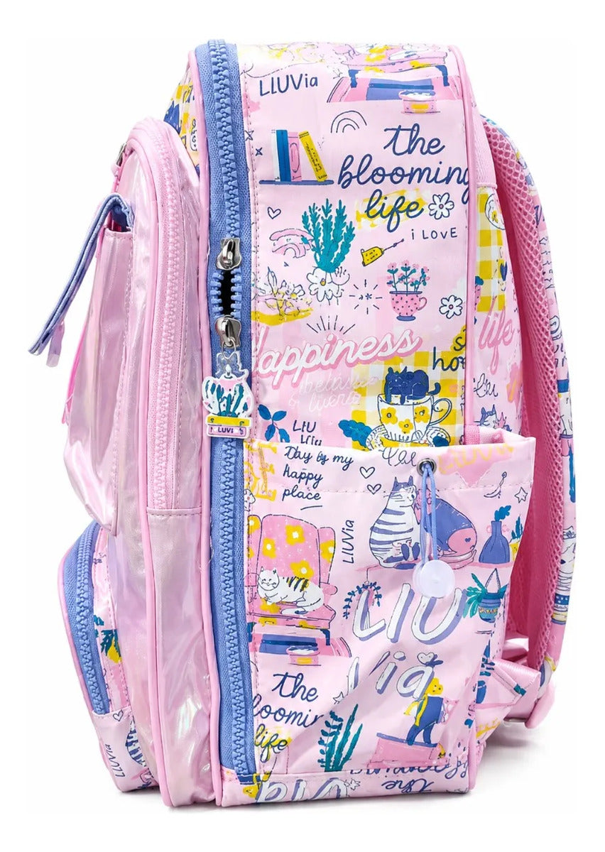 Set Escolar Tres Piezas Lluvia Diseño Florería Rosa Satinado