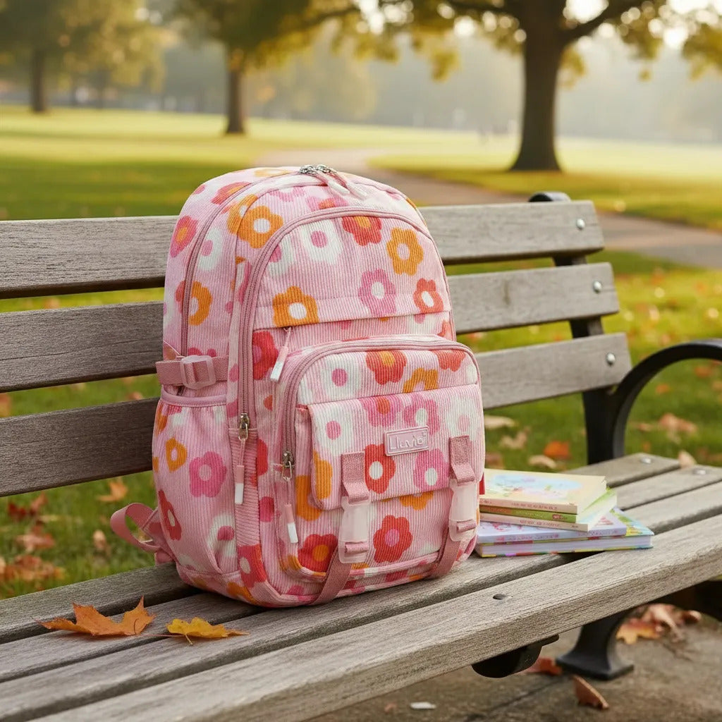 Mochila Juvenil Lluvia Rosa Con Flores Con 6 Cierres