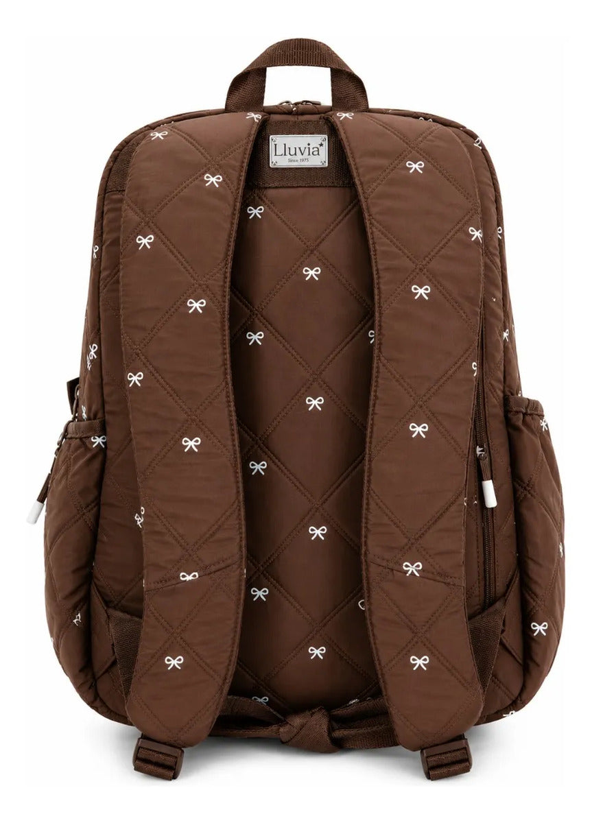 Mochila Escolar Lluvia Café Chocolate Con Moños Puff